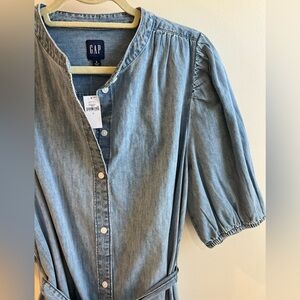 Denim Blue Puff-Sleeve Button-Up Dress